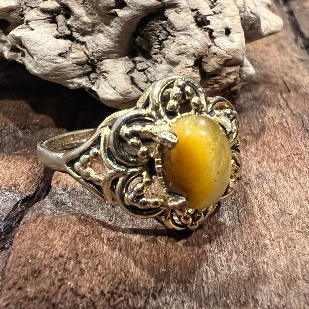Joseph Esposito Ring Gold Plated GE Tiger’s Eye Yellow Electroplated Antique